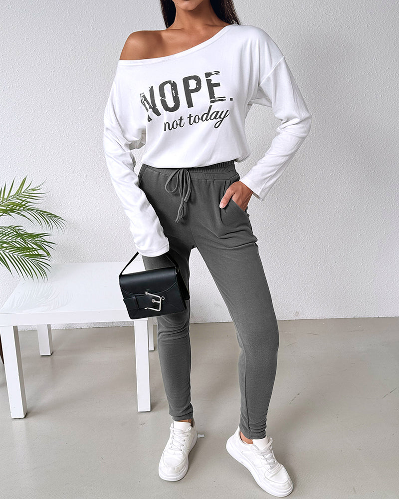 "Nope. Not Today" Asymmetric Neckline Top and Fitted Pants Set