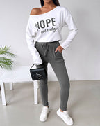 "Nope. Not Today" Asymmetric Neckline Top and Fitted Pants Set