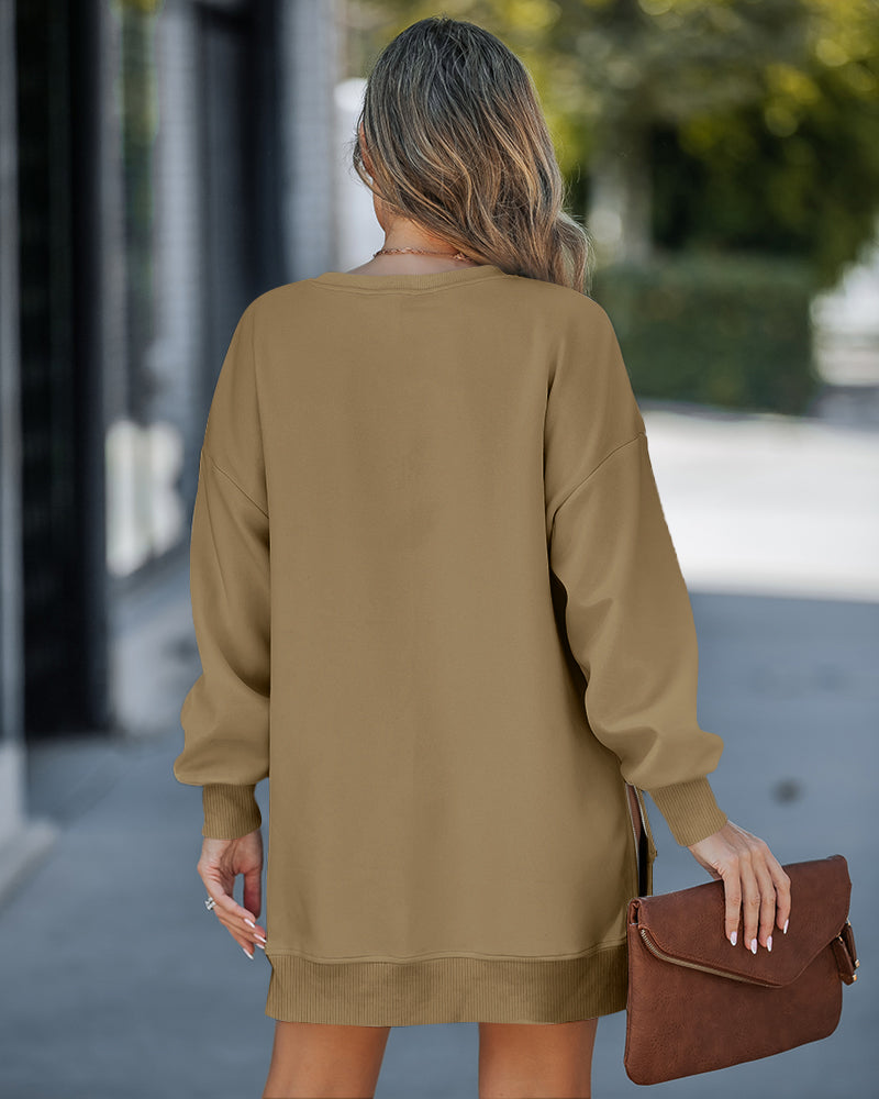 Drop Shoulder Zip-Side Long Sleeve Pullover with Slit Detail.