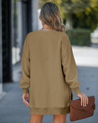 Drop Shoulder Zip-Side Long Sleeve Pullover with Slit Detail.