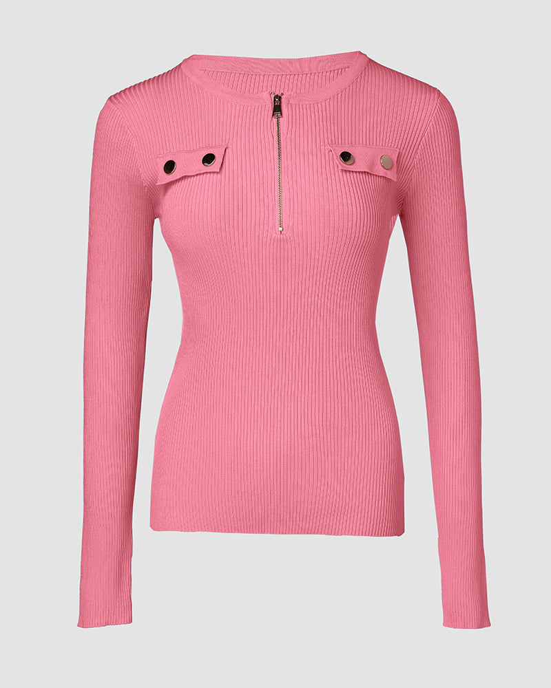 Half-Zip Ribbed Knit Crewneck Sweater with Flap Detail Pullover.