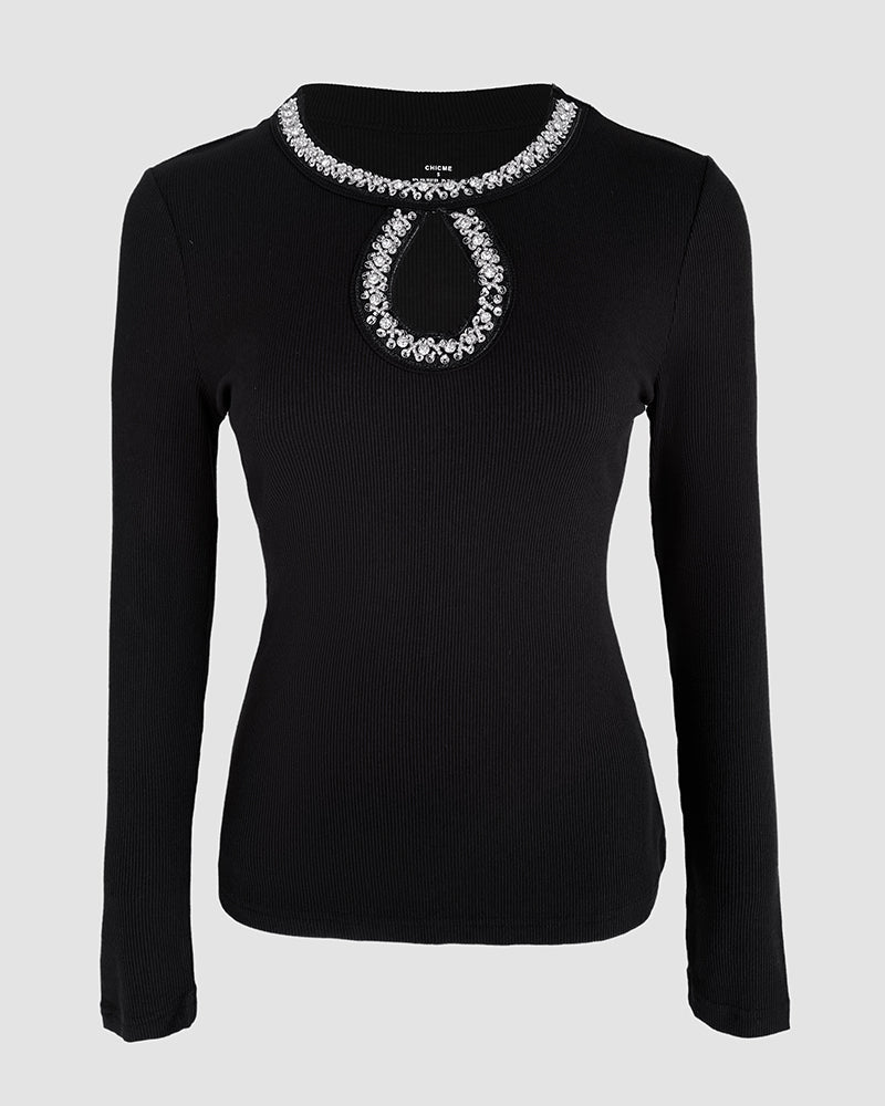 Rhinestone Keyhole Neck Ribbed Top with Hollow Water Drop Detail