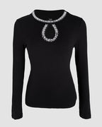 Rhinestone Keyhole Neck Ribbed Top with Hollow Water Drop Detail