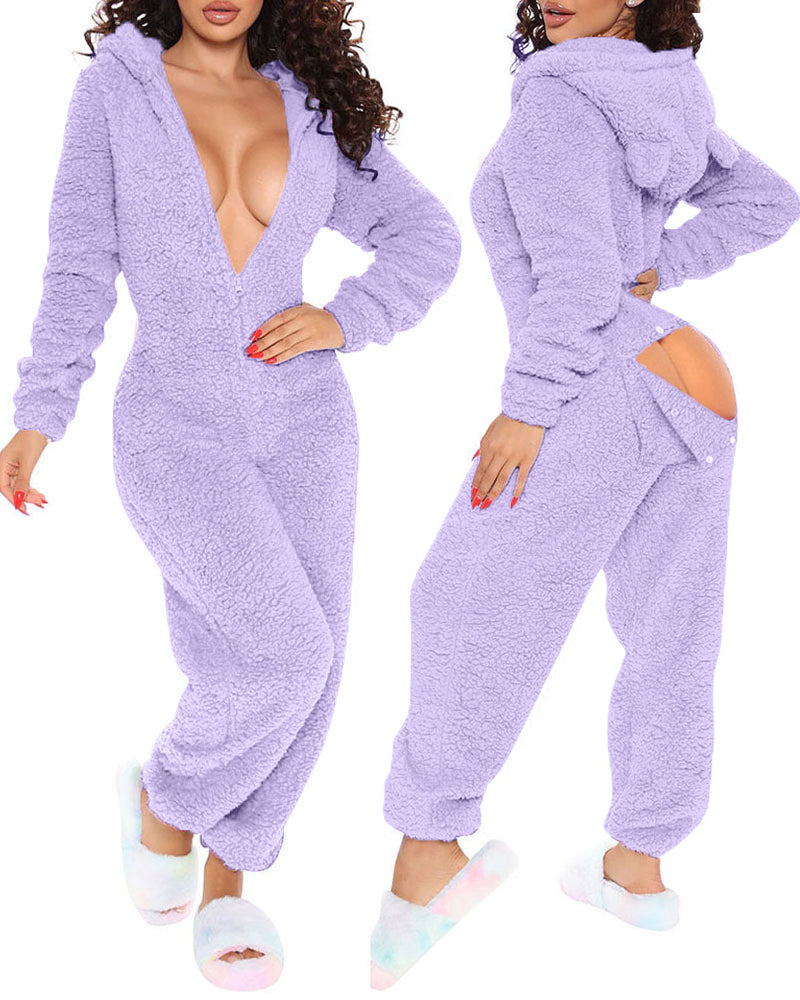 3D Ear-Buttoned Fluffy Lounge Jumpsuit with Practical Features