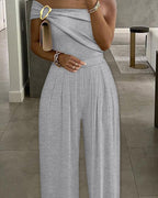 Buckled Cold Shoulder Ruched Wide-Leg Fashion Jumpsuit