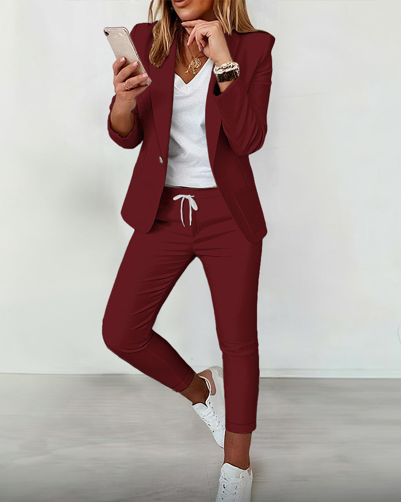 2-Piece Shawl Collar Blazer Set with Slim Fit Drawstring Pants