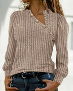 Asymmetrical Button Detail Ribbed V-Neck Long Sleeve Knit Tee