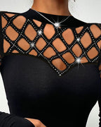 Hollow Rhinestone Cold Shoulder Long-Sleeve Casual T-Shirt