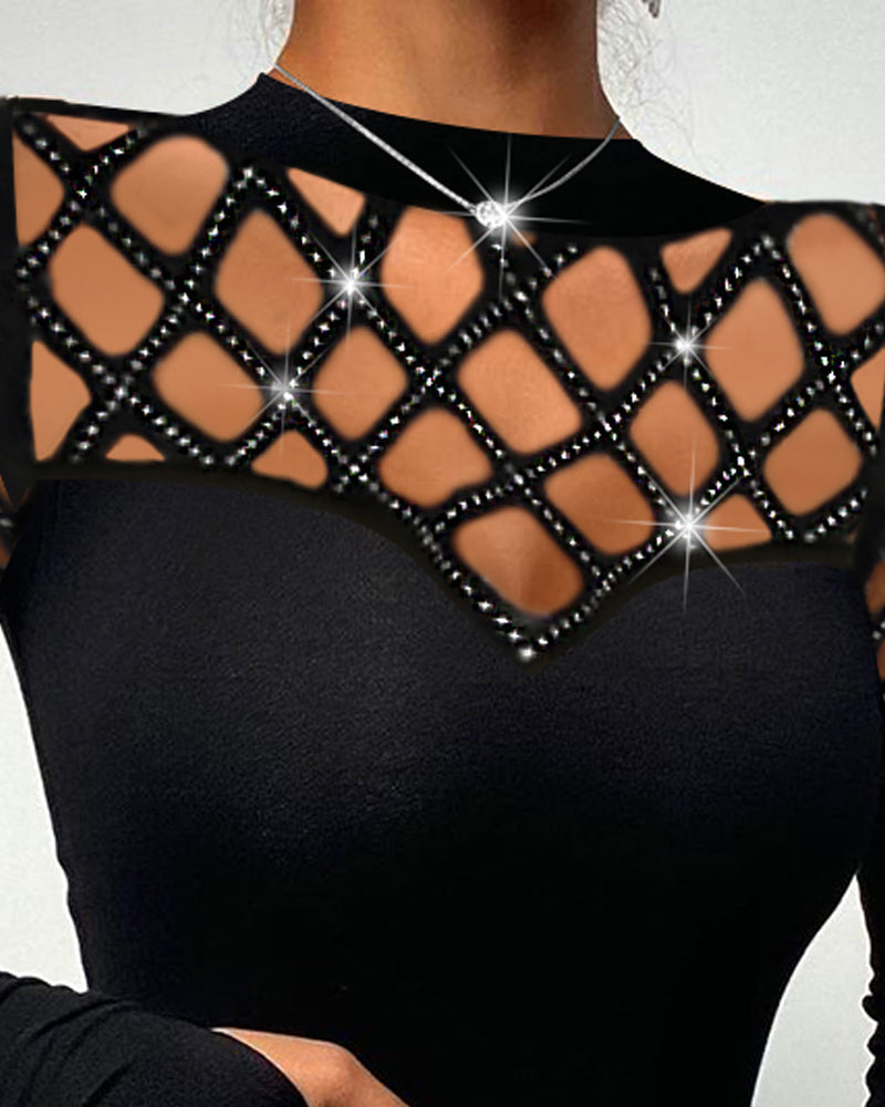 Hollow Rhinestone Cold Shoulder Long-Sleeve Casual T-Shirt
