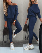 Skew Neck Pullover with High-Waist Drawstring Pants Set