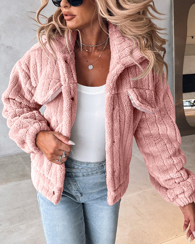 Striped Teddy Fleece Jacket with Buttons and Flap Pockets