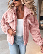 Striped Teddy Fleece Jacket with Buttons and Flap Pockets