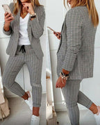 2-Piece Plaid Blazer with Notched Collar and Drawstring Pants Set