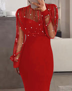 Mock Neck Beaded Mesh Bodycon Dress with Rear Zipper