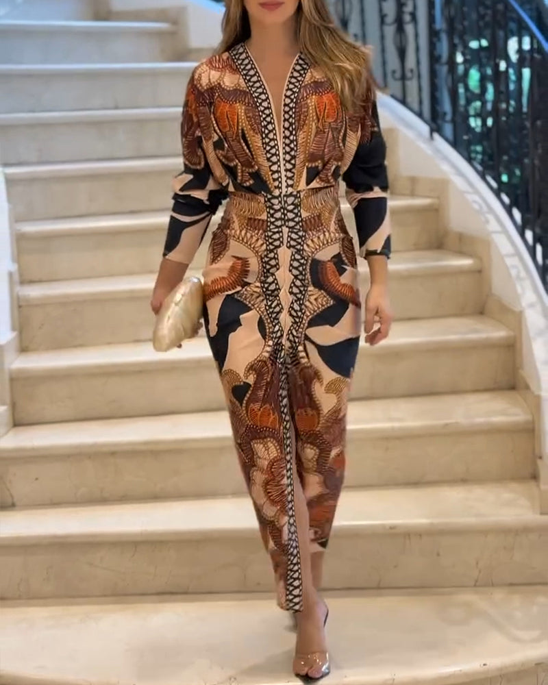 Vintage Baroque Deep-V Bodycon Dress with Slit and Ruching