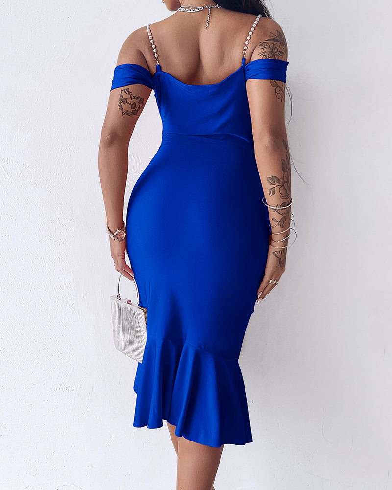 Pearl-Strap Cowl Neck Bodycon Dress with Ruffled Hem