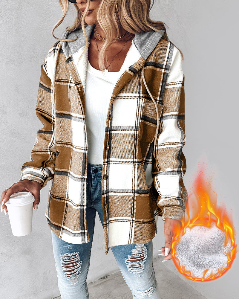 Hooded Plaid Shacket with Long Sleeves and Fleece Lining
