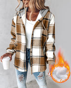 Hooded Plaid Shacket with Long Sleeves and Fleece Lining