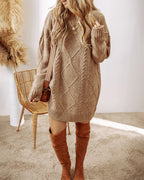 Casual Mid-Length Cable Knit Drop Shoulder Pullover Sweater