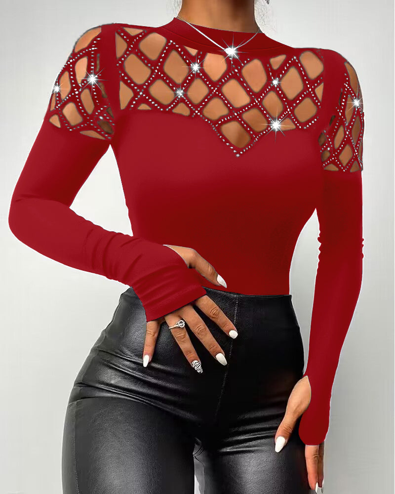 Hollow Rhinestone Cold Shoulder Long-Sleeve Casual T-Shirt