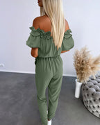 Off-Shoulder Frill Trim Textured Jumpsuit with Tie Waist