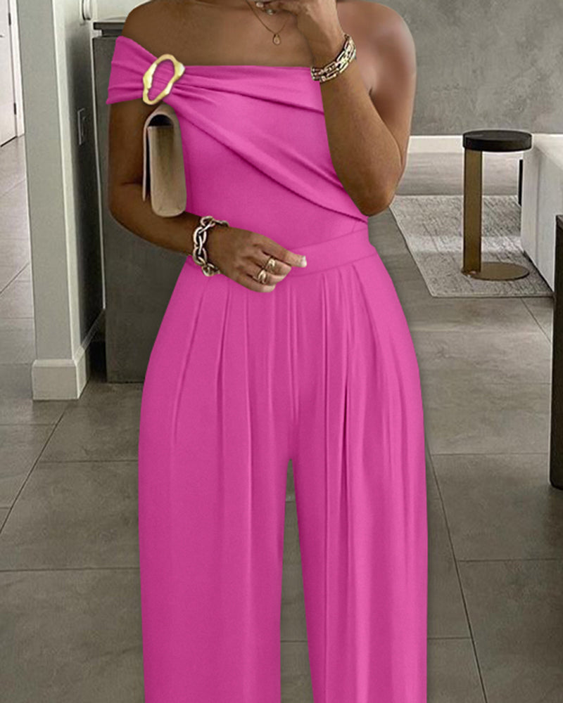 Buckled Cold Shoulder Ruched Wide-Leg Fashion Jumpsuit