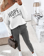 "Nope. Not Today" Asymmetric Neckline Top and Fitted Pants Set