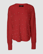 V-Neck Beaded Long Sleeve Fluffy Oversized Pullover Sweater