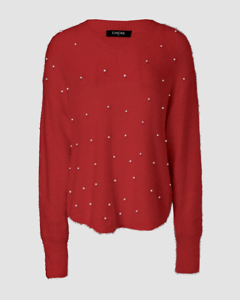 V-Neck Beaded Long Sleeve Fluffy Oversized Pullover Sweater