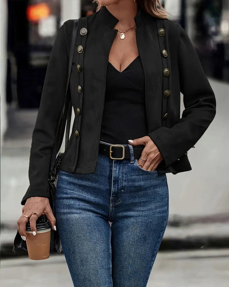 Faux Suede Jacket with Stand Collar and Button-Up Front