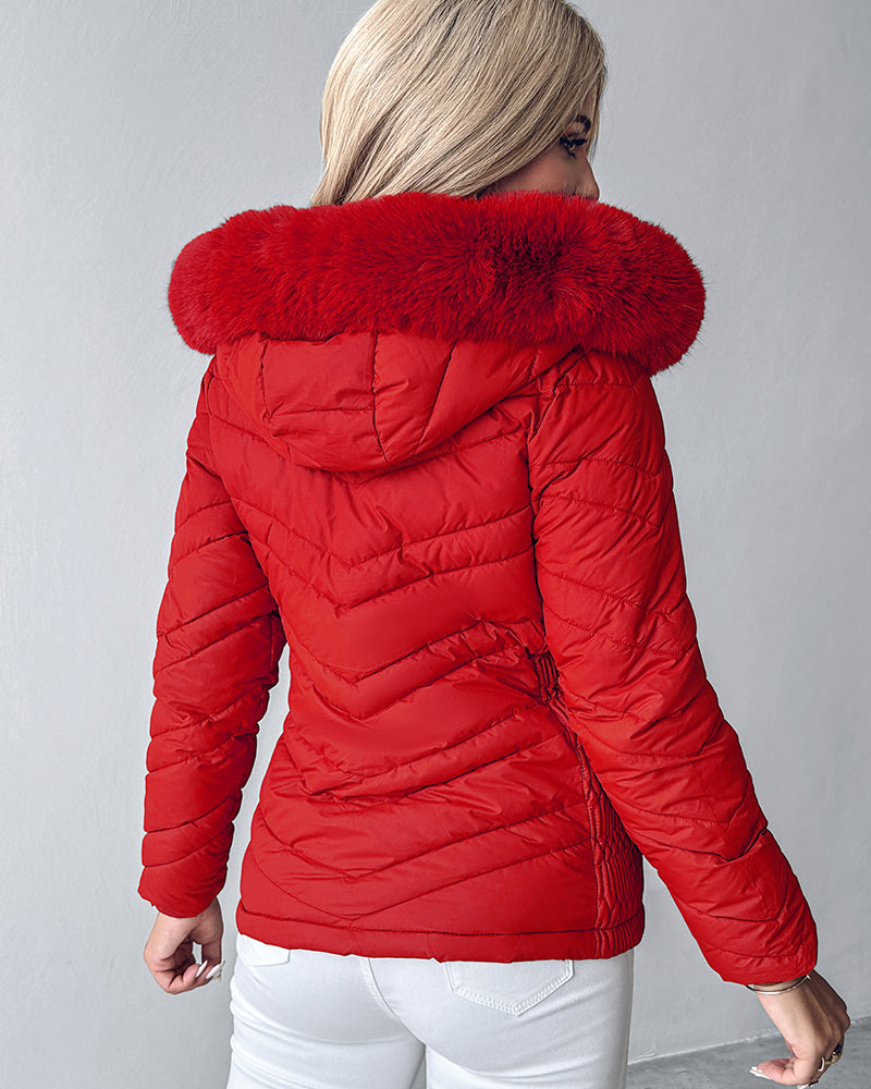 Fuzzy Trim Hooded Puffer Jacket with Shirred Zipper Pockets