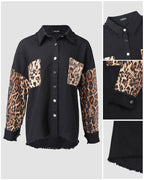 Leopard Sequin Patchwork Shacket with Raw Hem Long Sleeves