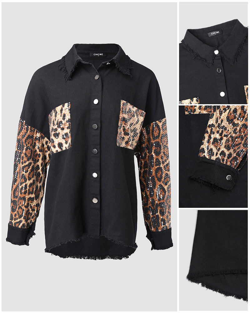 Leopard Sequin Patchwork Shacket with Raw Hem Long Sleeves
