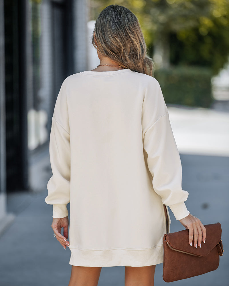 Drop Shoulder Zip-Side Long Sleeve Pullover with Slit Detail.