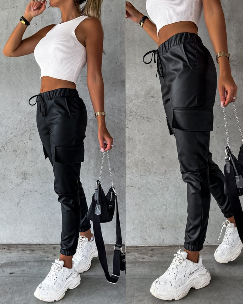 Drawstring PU Leather Pants with Elastic Waist, Cuffs, and Pocket
