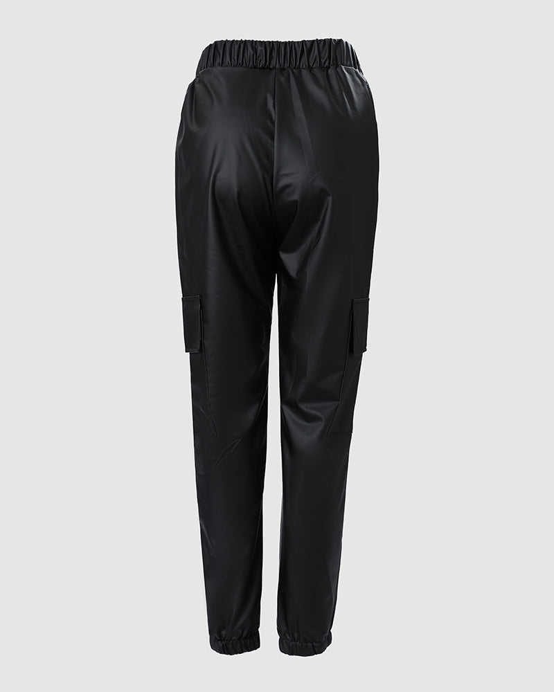 Drawstring PU Leather Pants with Elastic Waist, Cuffs, and Pocket