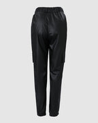 Drawstring PU Leather Pants with Elastic Waist, Cuffs, and Pocket