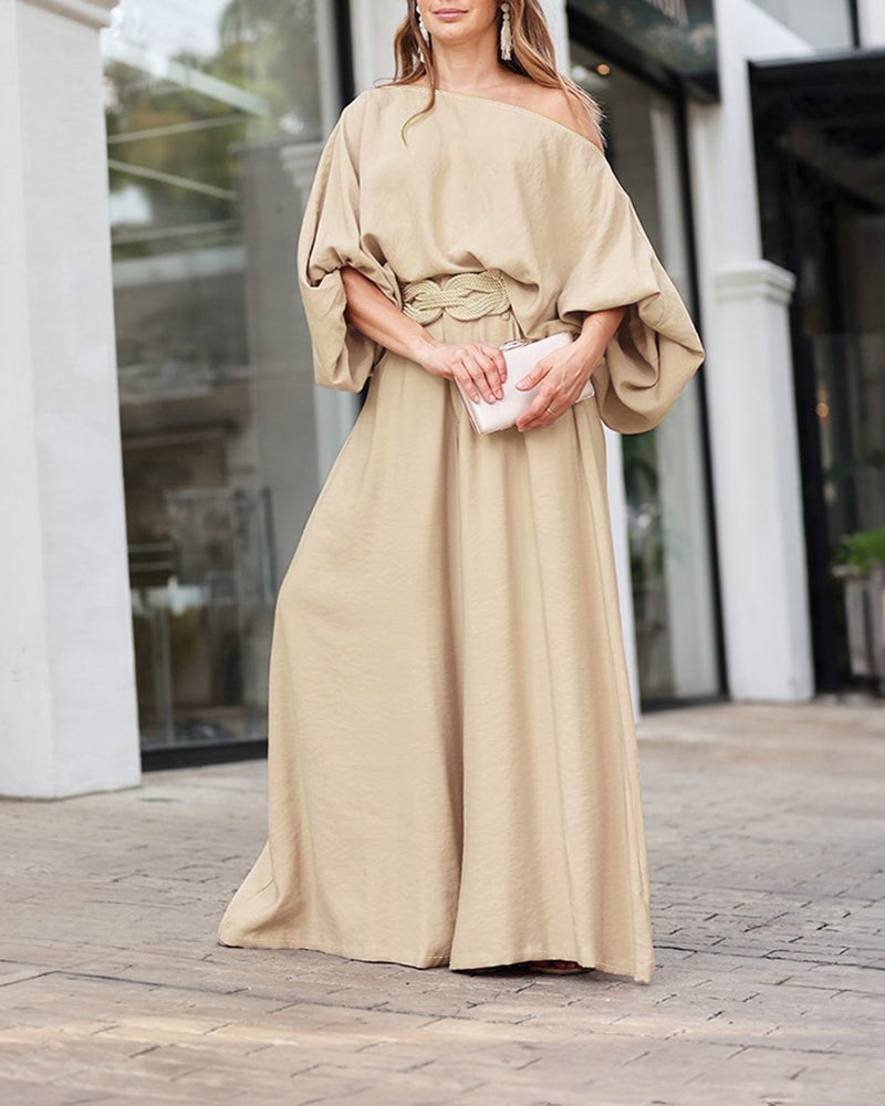 Lantern Sleeve Top and Wide Leg Pants Set with Zipper