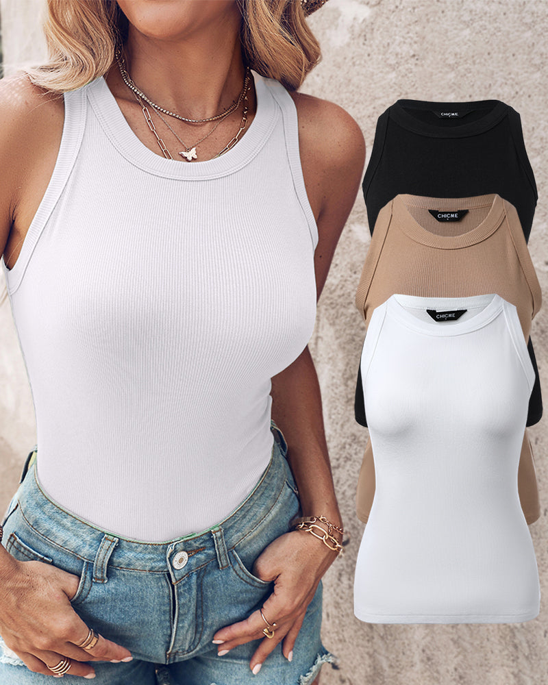 3-Pack Knit Racerback Tank Tops, Round Neck, Thick Straps