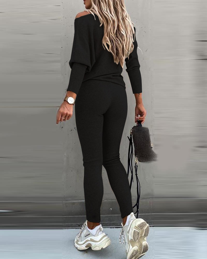 Skew Neck Pullover with High-Waist Drawstring Pants Set