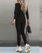 Skew Neck Pullover with High-Waist Drawstring Pants Set