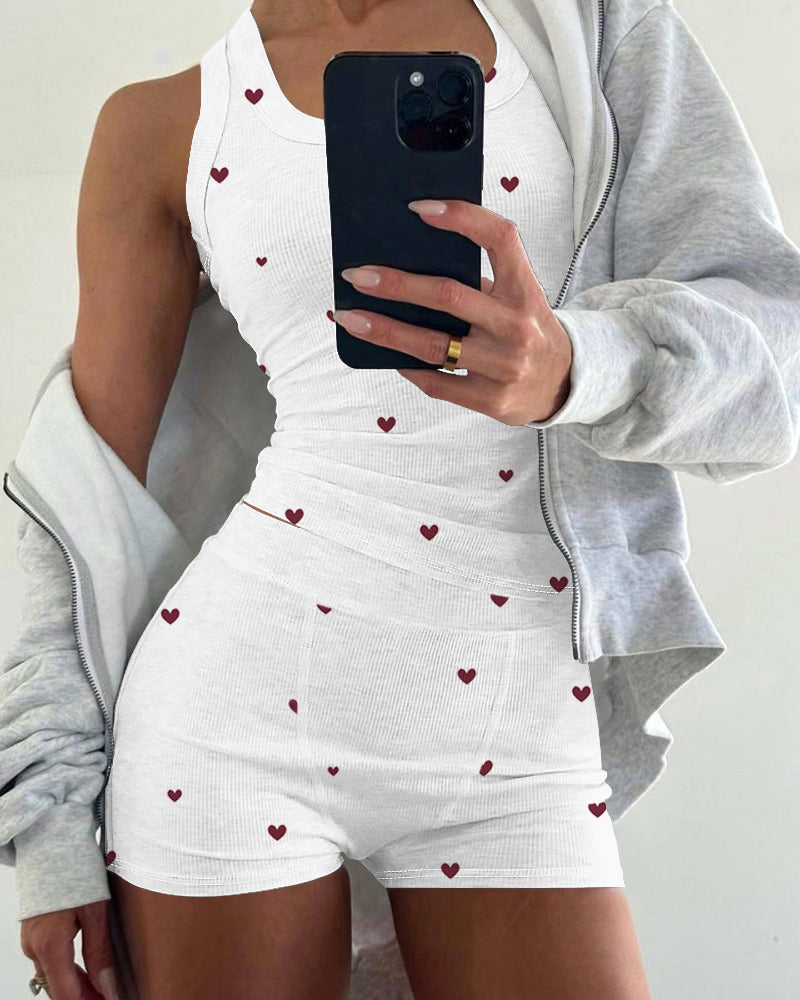 2-Piece Heart Pattern Ribbed Tank Top & Shorts Sleep Set