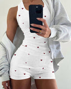 2-Piece Heart Pattern Ribbed Tank Top & Shorts Sleep Set