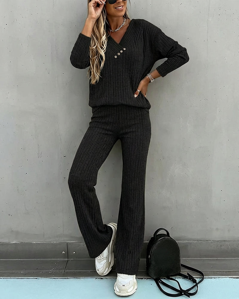 2-Piece V-Neck Button Top and Straight Leg Casual Pants Set