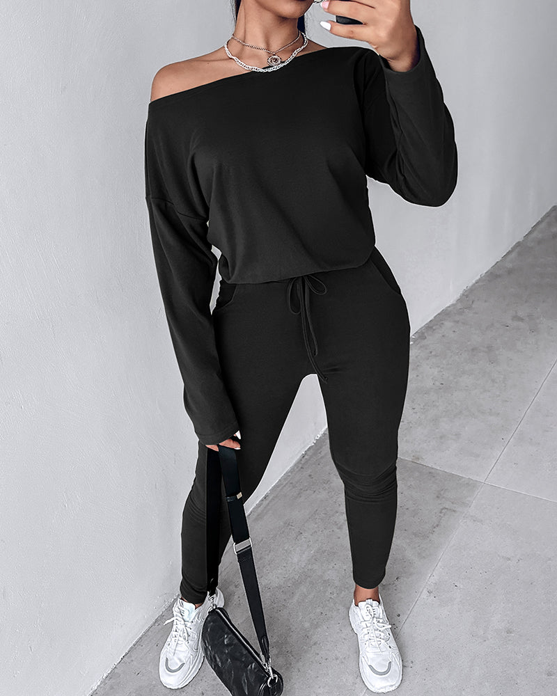 2-Piece Asymmetrical Neck Sweater and Drawstring Slim-Fit Pants Set