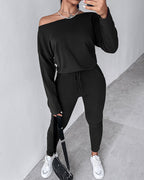 2-Piece Asymmetrical Neck Sweater and Drawstring Slim-Fit Pants Set