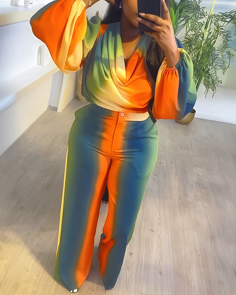 Cowl Neck Puff Sleeve Top with Zippered Wide-Leg Pants Set