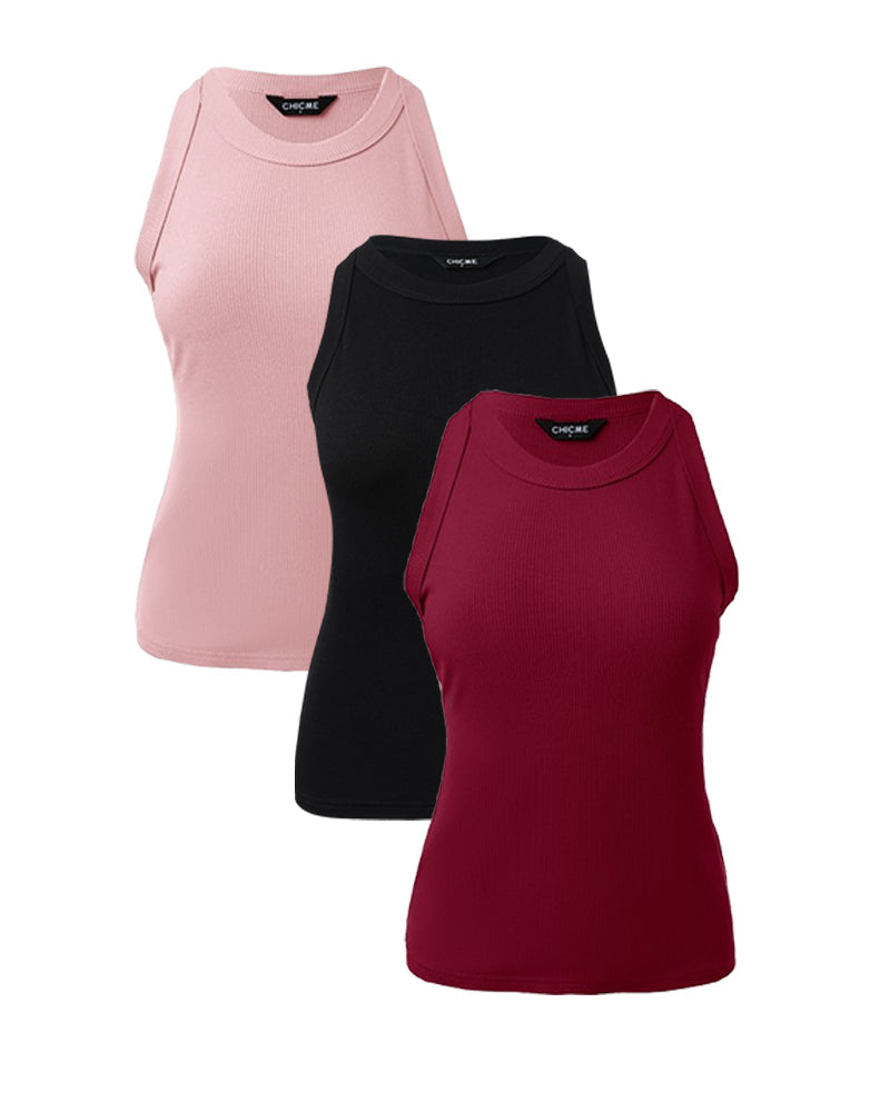 3-Pack Knit Racerback Tank Tops, Round Neck, Thick Straps