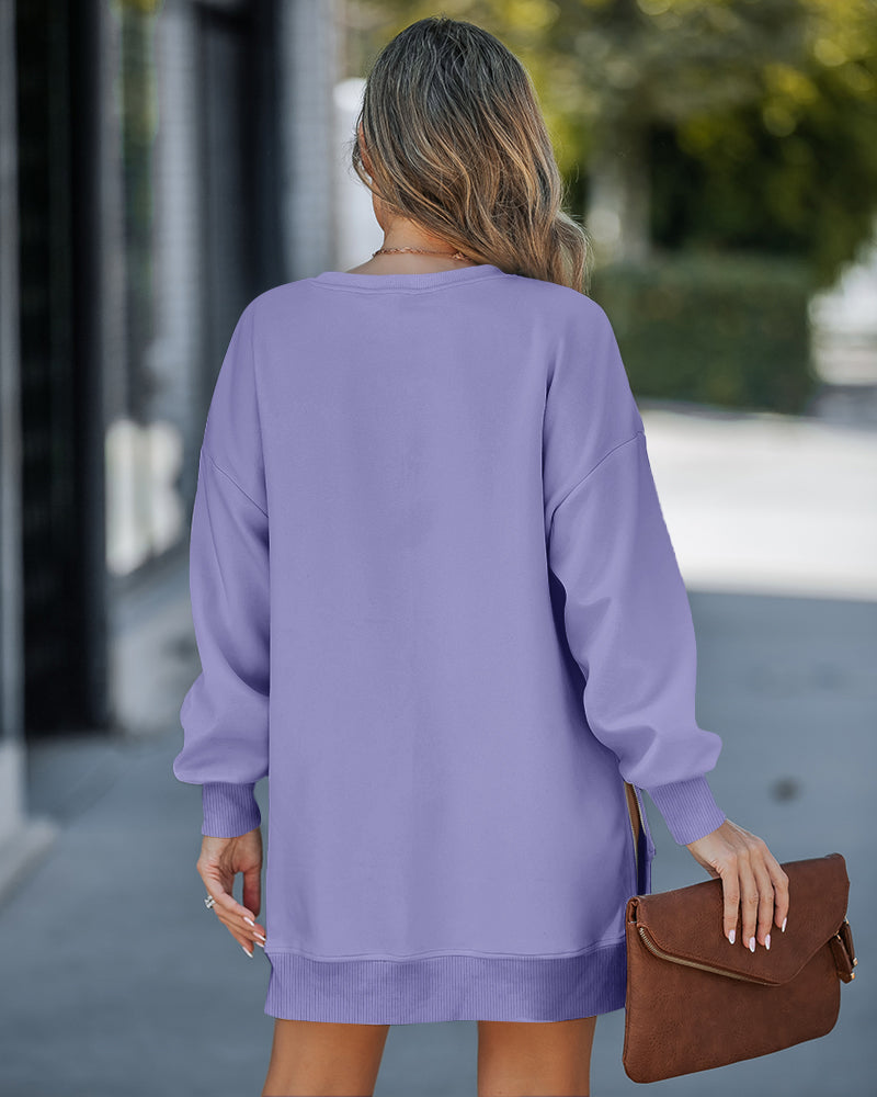 Drop Shoulder Zip-Side Long Sleeve Pullover with Slit Detail.
