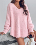 V-Neck Beaded Long Sleeve Fluffy Oversized Pullover Sweater